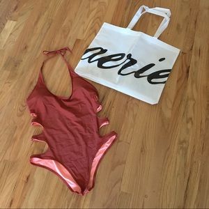 AERIE red swimsuit with open back and sides w/ bag